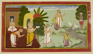 Valmiki medytuje, a Brahma pojawia się przed nim autorstwa Indian School