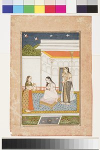 Vilaval Ragini z Hindol, ok. 1745 (nieprzezroczysta akwarela i złoto na papierze, zamontowane na stronie albumu) autorstwa Indian School