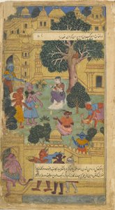 Vol.1 fol.10 Sita, której strzegą raksaskas na Lance, patrzy na pierścionek podarowany jej przez Hanumana (nieprzezroczysta toaleta, tusz i złoto na papierze) autorstwa Indian School