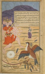 Vol.1 fol.132 Sęp Jatajus słyszy błaganie Sitasa i walczy z Rawaną (nieprzezroczysta akwarela, atrament i złoto na papierze) autorstwa Indian School