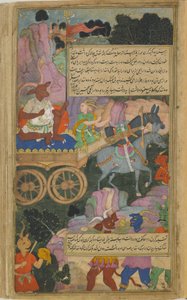 Vol.2 fol.216 Kumbhakarna rusza do walki swoim rydwanem (nieprzezroczysta akwarela, atrament i złoto na papierze) autorstwa Indian School