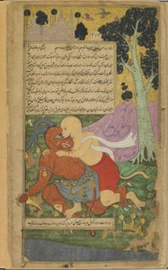 Vol.2 fol.220 Sugriva odzyskuje wolność dzięki nagłemu okaleczeniu Kumbhakarny (nieprzezroczysta akwarela, atrament i złoto na papierze) autorstwa Indian School