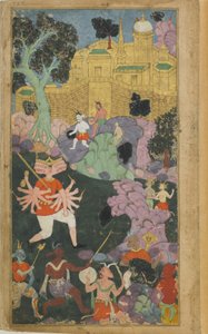 Vol.2 fol.238 Ravana i jego wojska zajmują pozycję przed miastem (nieprzezroczysta akwarela, atrament i złoto na papierze) autorstwa Indian School