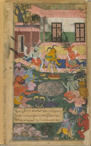Vol.2 fol.246 Indrajita składa ofiary, aby zapewnić zwycięstwo nad Ramą i Laksmaną (nieprzezroczysta akwarela, atrament i złoto na papierze) autorstwa Indian School