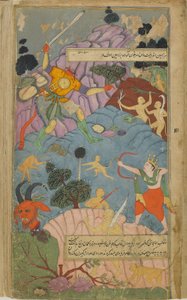 Vol.2 fol.255 Laksmana odcina głowę Indrajitasowi strzałą podarowaną mu przez Indrę (nieprzezroczysta akwarela, atrament i złoto na papierze) autorstwa Indian School