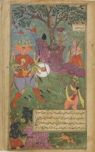 Vol.2 fol.264 Ravana strzela magiczną bronią asura w Ramę (nieprzezroczysta akwarela, atrament i złoto na papierze) autorstwa Indian School