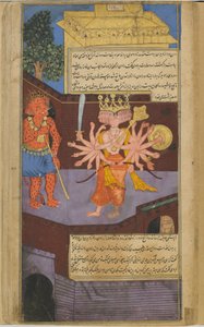 Vol.2 fol.305 Ravana spotyka przerażającego strażnika drzwi w pałacu Valis (nieprzezroczysta akwarela, atrament i złoto na papierze) autorstwa Indian School