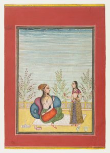 Kobieta i pomocnik, ok. 1700-10 (nieprzezroczysta toaleta i złoto na papierze) autorstwa Indian School