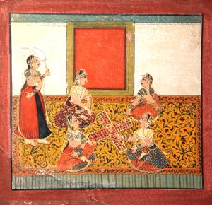 Kobiety grające w Parcheesi, siedzące na żółtej wzorzystej podłodze, ok. 1725 (nieprzezroczysta toaleta i złoto na papierze) autorstwa Indian School