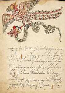 Latające stworzenie niosące węża, ilustracja z „Serat Damar Wulan” lub „The Romance of Damar Wulan” (pióro i tusz z akwarelą na papierze) autorstwa Indonesian School