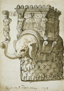 Projekt na konkurs słoni (pióro i atrament na papierze) autorstwa Inigo Jones