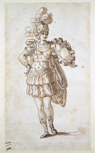 Rycerz lub giermek niosący tarczę (pióro i atrament na papierze) autorstwa Inigo Jones