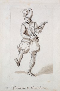 Mężczyzna z rusztem i łyżką do butów (pióro i atrament na papierze) autorstwa Inigo Jones
