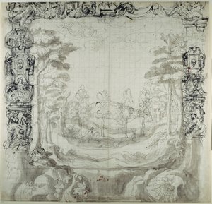 Scena proscenium i polowania (pióro i atrament na papierze) autorstwa Inigo Jones