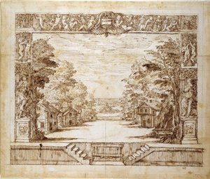 Proscenium i scena stojąca, ok. 1635 (pióro i atrament na papierze) autorstwa Inigo Jones