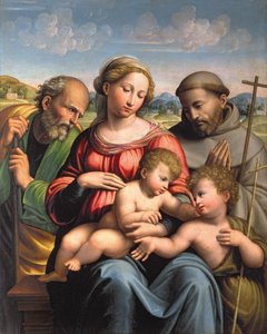 Święta Rodzina z Dzieciątkiem św. Jana Chrzciciela i św. Franciszka autorstwa Innocenzo da Imola