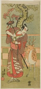 Aktor Ichikawa Yaozo II jako Goi no Sho Munesada z jeleniem w sztuce Kuni no Hana Ono no Itsumoji (Kwiat Japonii: Pięć postaci Ono no Komachi) wystawianej w teatrze Nakamura od pierwszego dnia jedenastego miesiąca 1771 r.