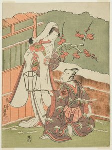Aktorzy Arashi Sangorô II jako Minamoto no Yoritomo i Segawa Kikunojô II jako Śnieżna Kobieta w „Cotton Watt of Izu Protecting the Matrimonial Chryzantemy” („Myôto-giku Izu no Kisewata”) autorstwa Ippitsusai Bunchō