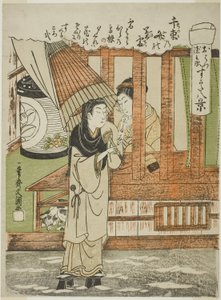 Chizuka no Fumi no Bosetsu (The Evening Snow of a Thousand Bundles of Love-Letters), kochankowie Ohatsu i Tokubei, z serii "Sugata Hakkei (Eight Views of Lovers)", ok. 1772 (kolorowy drzeworyt; chuban) autorstwa Ippitsusai Bunchō