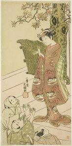 Aktor Arashi Hinaji I, prawdopodobnie jako Yuya Gozen w sztuce Ima o Sakari Suehiro Genji (Klan Genji teraz w swoim zenicie), wystawionej w Teatrze Nakamura od pierwszego dnia jedenastego miesiąca, 1768 autorstwa Ippitsusai Bunchō