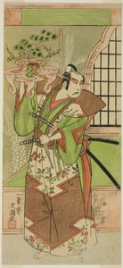 Aktor Ichikawa Yaozo II podczas przedpremierowej celebracji sztuki „Soga Monogatari”, wystawionej w Teatrze Morita w drugim miesiącu 1773 r. autorstwa Ippitsusai Bunchō
