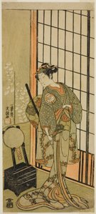 Aktor Segawa Kikunojo II jako księżniczka Hitomaru (Hitormaru Hime) (?) w sztuce Soga Moyo Aigo no Wakamatsu (?), Wystawiony w Teatrze Nakamura (?) w pierwszym miesiącu 1769 (?) autorstwa Ippitsusai Bunchō