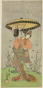 Aktor Yamashita Kinsaku II jako Nijo no Kisaki (?) w sztuce Natsu Matsuri Naniwa Kagami (?), wystawionej w Teatrze Morita (?) w siódmym miesiącu 1770 (?) autorstwa Ippitsusai Bunchō