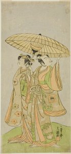 Aktorzy Ichikawa Komazo II jako Chunagon Yukihira (po prawej) i Iwai Hanshiro IV jako Murasame (po lewej), w sztuce Kuni no Hana Ono no Itsumoji, wystawionej w Teatrze Nakamura w jedenastym miesiącu, 1771 autorstwa Ippitsusai Bunchō
