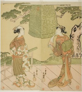 Aktorzy Ichimura Uzaemon IX jako Shume no Hangan Morihisa (po prawej) i Sanogawa Ichimatsu II jako Chujo (po lewej), w sztuce Edo no Hana Wakayagi Soga, wystawionej w teatrze Ichimura w drugim miesiącu, 1769 autorstwa Ippitsusai Bunchō