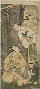 Aktorzy Nakamura Utaemon I jako Seigen (po prawej) i Ichikawa Komazo II jako Shimizu Tonoinosuke Kiyoharu (po lewej), w sztuce Soga Moyo Aigo no Wakamatsu, wystawionej w Teatrze Nakamura w trzecim miesiącu, 1769 autorstwa Ippitsusai Bunchō