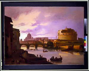 Para: Widok na Castel Sant Angelo od strony Tybru ze św. Piotrem w tle, widok na Koloseum autorstwa Ippolito Caffi