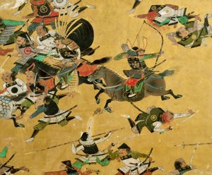 Antyczny samurajski parawan przedstawiający upadek zamku w Osace w 1615 r. - wystawiony w ..., 2005 r. (zdjęcie)