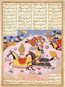 Malik podnosi Abula Mihjana z siodła. Z Khavarannamy Księga Wschodu ibn Husama al-D autorstwa Iranian Master
