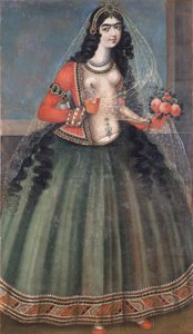 Kobieta trzymająca bukiet róż, połowa XIX wieku. autorstwa Iranian Master