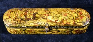 Pudełko na długopis z papier mache, na wierzchu pomalowany obraz bitwy pod Chaldiran autorstwa Iranian School