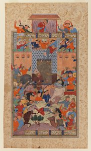 Folio z Shahnameh: The Iranians Capture Afrasiyabs Fortress, ok. 1580-1590 (atrament i nieprzezroczysta toaleta na papierze)