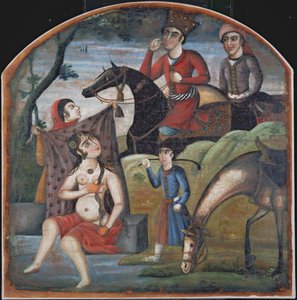 Khusraw odkrywa kąpiel Shirin, połowa XVIII wieku