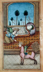 SM. Nezami, Lailah i Archanioł Gabriel ukazują się śpiącemu Prorokowi i Al-Baruqowi, z epickiego poematu Nezamiego autorstwa Iranian School