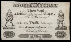 Reklama pantomimy w Theatre Royal w Dublinie na podstawie banknotu Bank of Ireland autorstwa Irish School