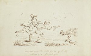 Over Pop Went the Little Fellow with the Grasshopper, ilustracja książkowa przedstawiająca dwóch Irlandczyków goniących Leprechauna, XIX w. (pióro i atrament na papierze) autorstwa Irish School