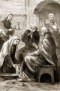 Św. Brygita zabawiająca biskupa z Trias Thaumaturga lub Three Wonder-Working Saints of Ireland autorstwa Mary Cusack (1829-99) wydanej ok. 1890 roku
