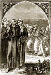 Śpiewający św. Kolumba, zaatakowany przez druidów, z Trias Thaumaturga, czyli Trzech Cudotwórczych Świętych Irlandii, autorstwa Mary Cusack (1829-99) opublikowanych ok. 1890 r. autorstwa Irish School