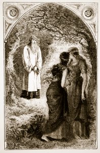 Św. Patryk spotykany przez dziewice w lesie Fochlut, z Trias Thaumaturga, czyli Trzech Cudotwórczych Świętych Irlandii, Mary Cusack (1829-99) wydanej ok. 1890 roku autorstwa Irish School