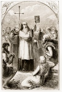 Św. Patryk ukazujący mieszkańcom Irlandii Cztery Ewangelie z Trias Thaumaturga, czyli Trzech Cudotwórczych Świętych Irlandii, autorstwa Mary Cusack (1829-99) opublikowanych ok. 1890 r. autorstwa Irish School