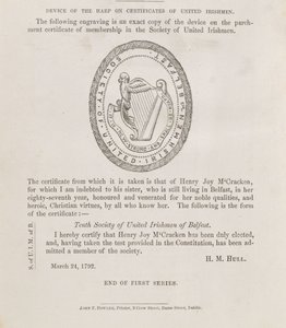Pieczęć Towarzystwa Zjednoczonych Irlandczyków z Belfastu, ok. 1792 r. (rycina) autorstwa Irish School