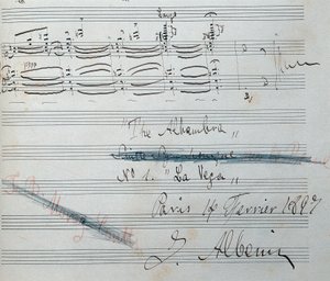 Nuty do suity fortepianowej „La Vega” z autografem Izaaka Albeniza (1860-1909), hiszpańskiego kompozytora i pianisty. Rękopis z dnia 14 lutego 1897. Biblioteka Narodowa Katalonii. autorstwa Isaac Albeniz