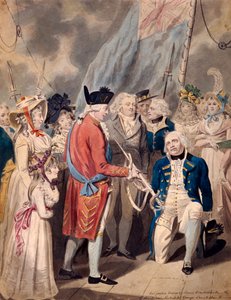 „George III przedstawia miecz admirałowi hrabiemu Howe”, c1794 autorstwa Isaac Cruikshank