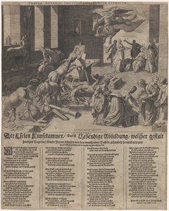 Ezels korzysta z komory artystycznej Osioł Kunstkammer, czyli żywa ilustracja, stanowiąca dziś chwalebną sztukę wolną, jest przenoszony, ciągnięty przez nieświadomego bawoła (...) (tytuł na przedmiocie) autorstwa Isaac Duchemin