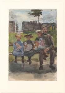 Mężczyzna z trzema dziewczynami na ławce w Oosterpark w Amsterdamie autorstwa Isaac Israels