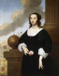Portret damy, stojącej trzy czwarte długości, ubranej w czarną satynową sukienkę z białymi koronkowymi wykończeniami,